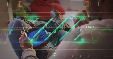 Relaxing person holding tablet with augmented reality market charts overlay on living room couch