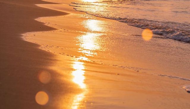 Glistening golden sunset reflections on wet sand at calm shoreline with gentle tide lines