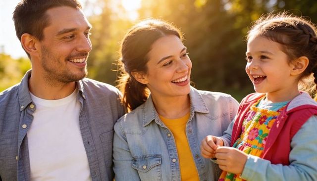 Family enjoying golden hour in park, parents smiling and laughing with young daughter, backlit