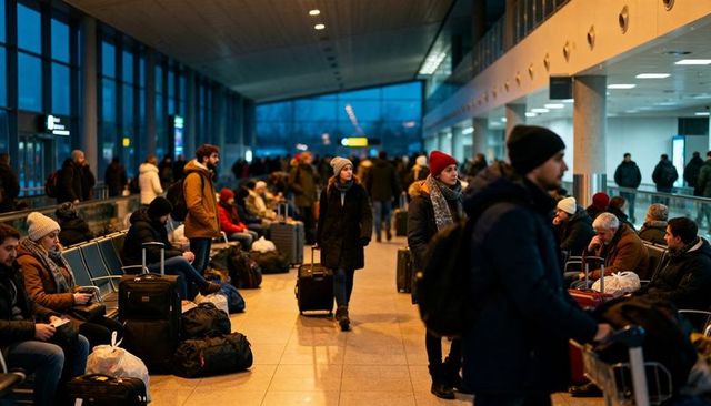 Traveler walking through busy airport terminal pulling wheeled suitcase winter travel rush