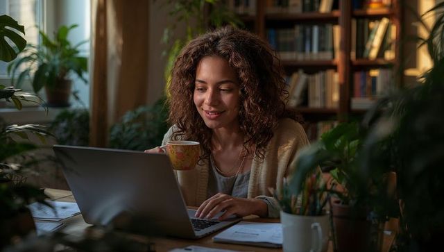 Young woman working from home with laptop and coffee in cozy plant-filled workspace, evening light