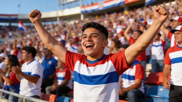 Hispanic teen fan cheering and raising arms in packed red white blue stadium crowd