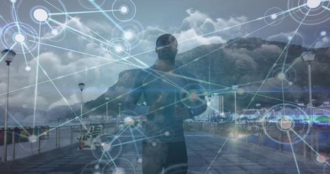 Man Running with Digital Network Overlay Imagery