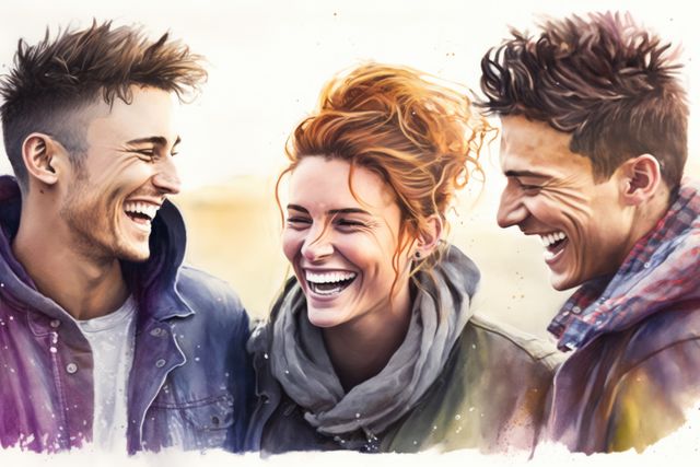 Watercolour portrait of smiling female and male friends, created using generative ai technology. Painting and portraiture concept digitally generated image.