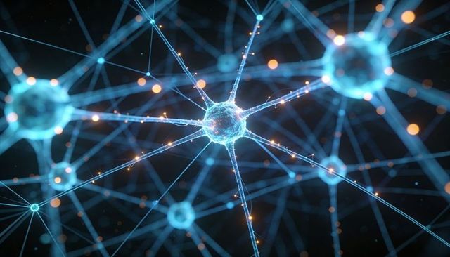 Glowing neuron network radiating neon cyan filaments and pulsing orange sparks 3D visualization