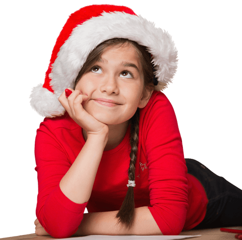 Happy Girl in Santa Hat Dreaming on Transparent Background