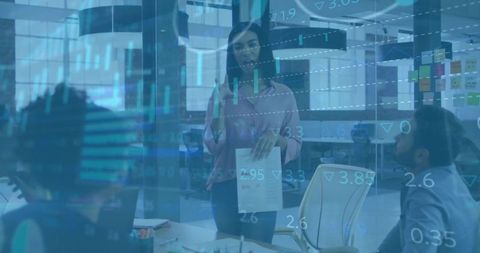 Businesswoman Presenting Report with Stock Market Data Overlay