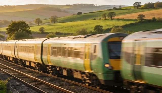 Green and yellow commuter train racing through rolling countryside at golden hour, motion blur