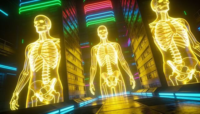 Glowing yellow holographic skeletons looming along neon corridor in futuristic atrium