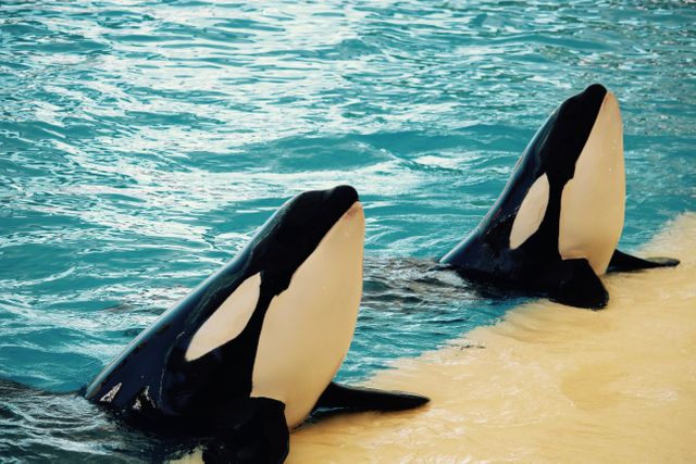 Pair of killer whales peeking above water at an aquarium, showcasing playful behavior. Useful for content focused on marine life, aquariums, wildlife conservation, and animal interactions. Perfect for blogs, educational materials, and tourism promotion.