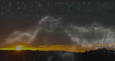 Binary code waves over sunset landscape combining nature and technology