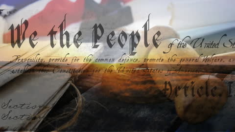 US Constitution Overlay with Gavel and Flag Animation at Sunset