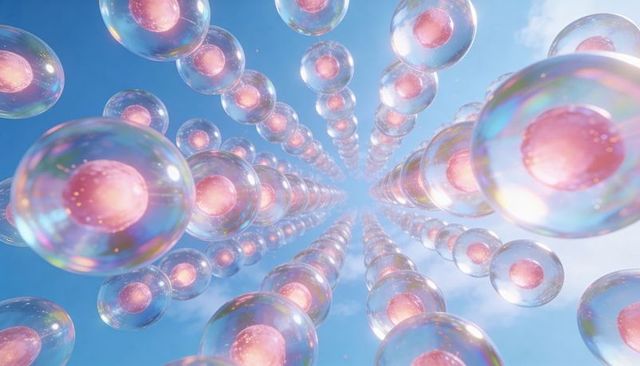Converging Iridescent Orbs Floating Above Blue Sky with Glowing Pink Cores