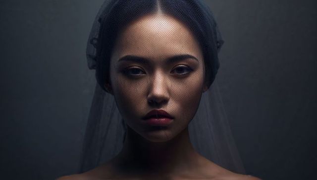 Moody asian woman wearing dark veil and sheer mesh netting dramatic portrait closeup