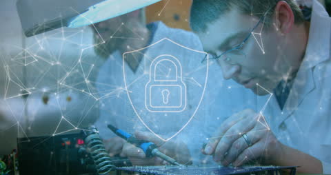 Engineer Soldering Circuit Board with Digital Security Concept Overlay