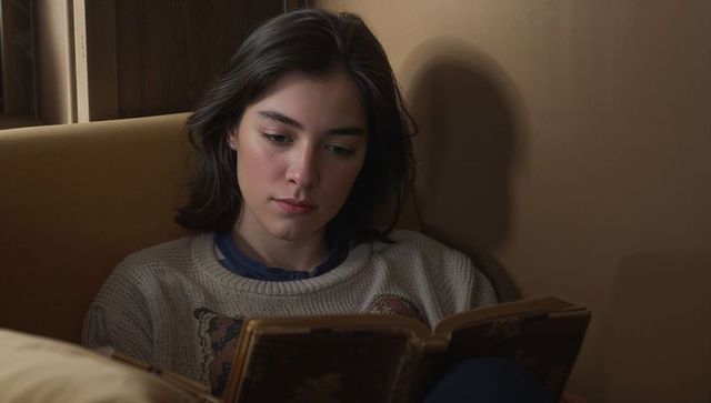 Young woman reading vintage hardcover in cozy nook wearing knit sweater, warm evening light