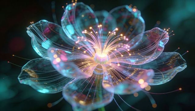 Iridescent glass flower radiating luminous filaments with bokeh orbs and translucent petals