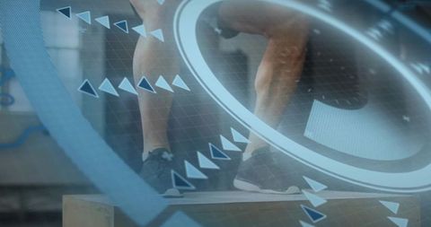 Athlete Performing Plyometric Step-Up with Futuristic HUD Overlay Showing Motion Metrics
