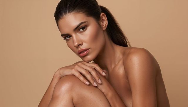 Bronzed model resting chin on hands, showcasing smooth radiant skin and sculpted features