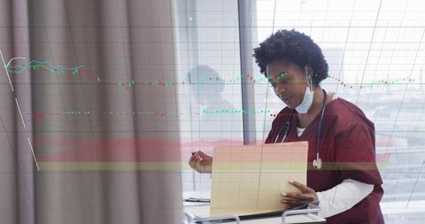 Nurse reviewing patient chart by curtain with digital health data overlay and urban skyline