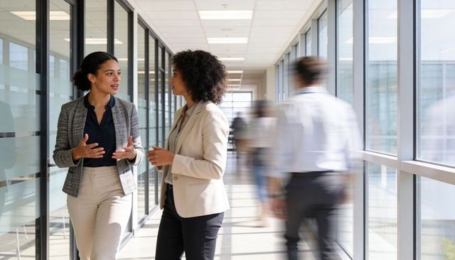 Two professional women walking and talking in bright modern office corridor