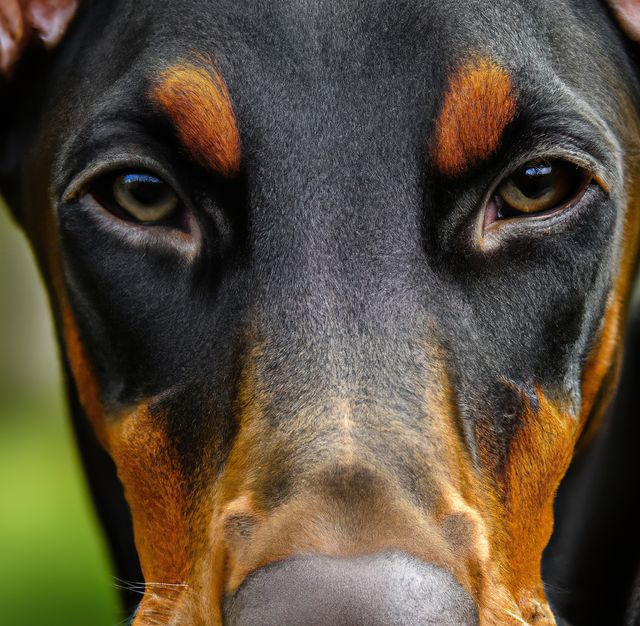 The image is an up-close shot capturing the intense expression of a Doberman Pinscher's eyes and face, revealing detailed markings of the breed. This can be used for a variety of purposes including promoting dog training services, pet-focused content, advertising premium dog food, or illustrating articles about dog behavior and breeds.