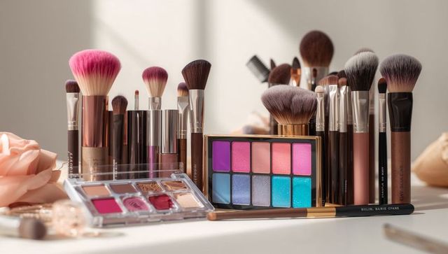 Sunlit makeup brush collection with vibrant eyeshadow palette on vanity