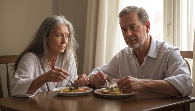 Senior couple sharing quiet sunlit meal at home table, reflective conversation