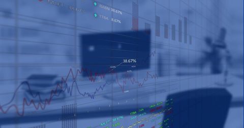Digital Financial Data Overlaying Office Interior Desks - Download Free Stock Images Pikwizard.com