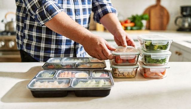 Man organizing healthy meal prep in glass containers on bright home kitchen countertop