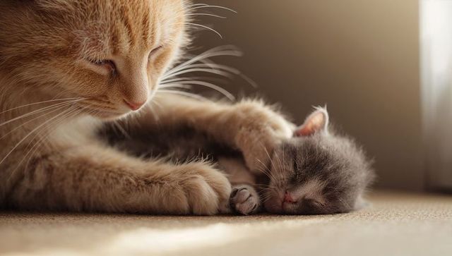 Cradling ginger cat resting paw over sleeping gray kitten on sunlit carpet, tender nurturing moment