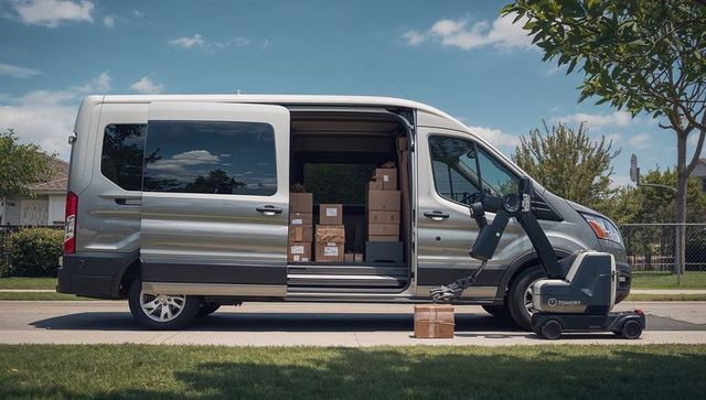 Autonomous delivery robot retrieving package from cargo van on suburban curb