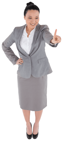 Transparent asian businesswoman pointing upward with confidence