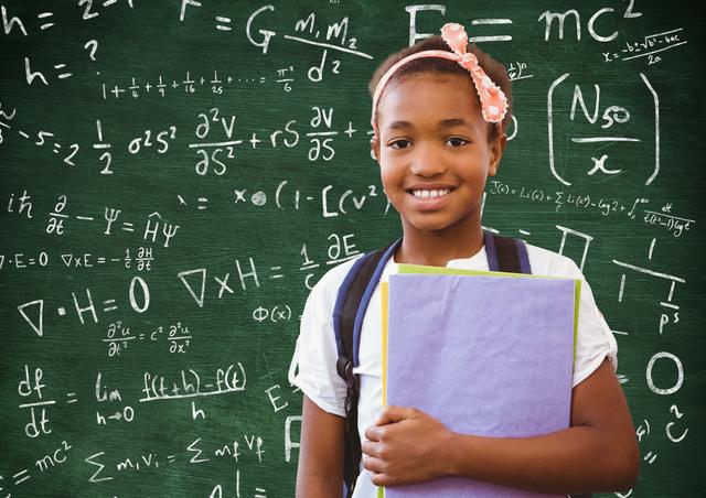 Digital composition of girl in backpack holding file standing against chalkboard with mathematical symbols and formula