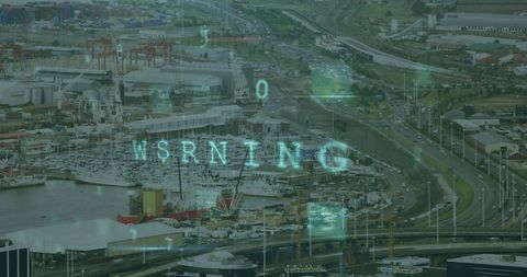 Digital data overlay on cityscape with maritime view