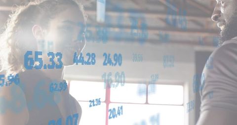 Talking workout partners in gym with blue numeric overlays, fitness coaching and analytics