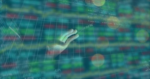 Pointing hand touching holographic stock market grid display showing rising data trend