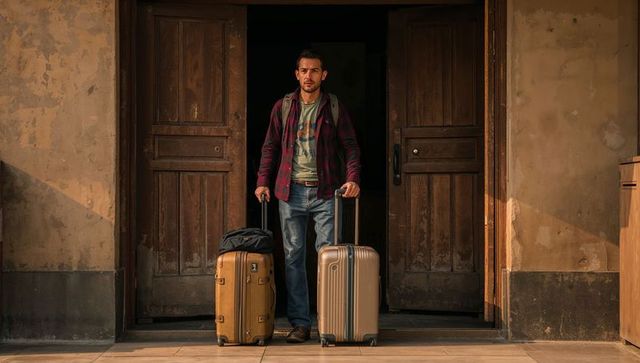 Standing male traveler holding two suitcases at weathered wooden doorway under warm light