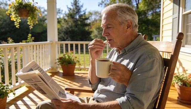 Senior man reading newspaper on sunlit porch while sipping coffee and taking pill