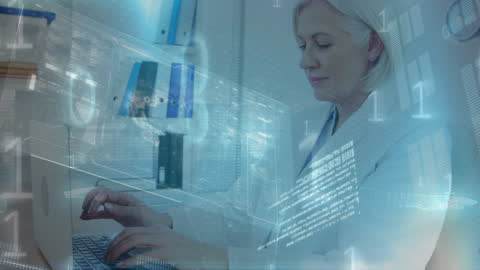 Doctor Analyzing Medical Data on Computer with High-Tech Interface
