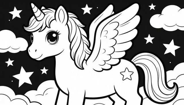 Standing winged unicorn alicorn line art with stars clouds night sky for coloring decor