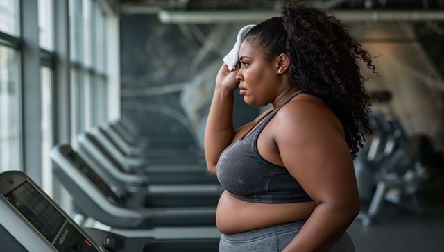 Wiping sweat after treadmill cardio in modern gym, plus-size woman cooling down with towel