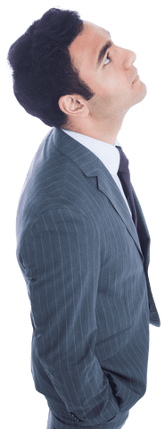 Confident Biracial Businessman Looking Up on Transparent Background