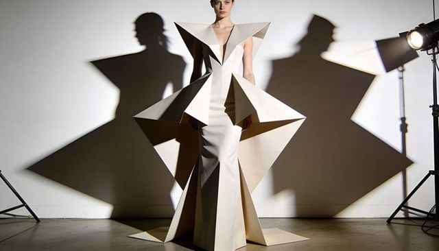 Avant-garde origami gown showcasing sculptural geometric silhouette with dramatic shadows