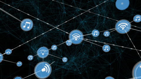 Digital Network and Music Icons Connected by Blue Lines