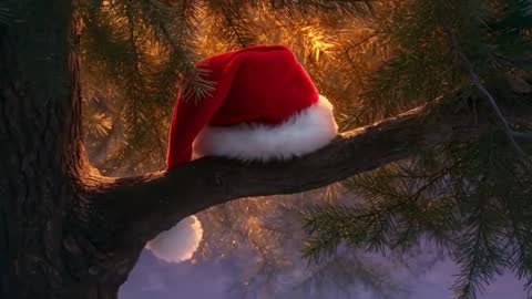 Santa Hat Resting on Pine Branch at Dusk, Warm Backlight and Drifting Particles