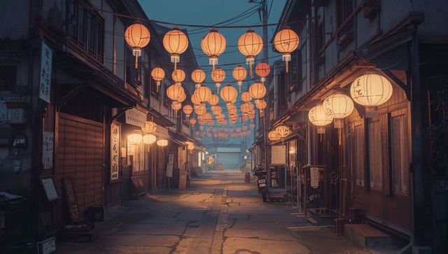 Charming vintage street with glowing lanterns at dusk