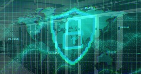 Glowing Shield Icon on Digital Network Background Securing Data