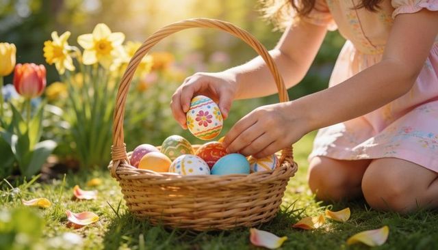 Young girl collecting colorful hand-painted easter eggs in wicker basket on sunny lawn