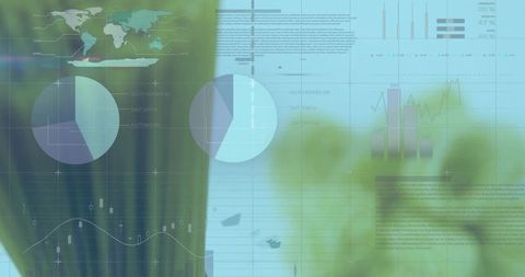 Translucent data dashboard overlaying blurred leaves displaying pie charts and analytics